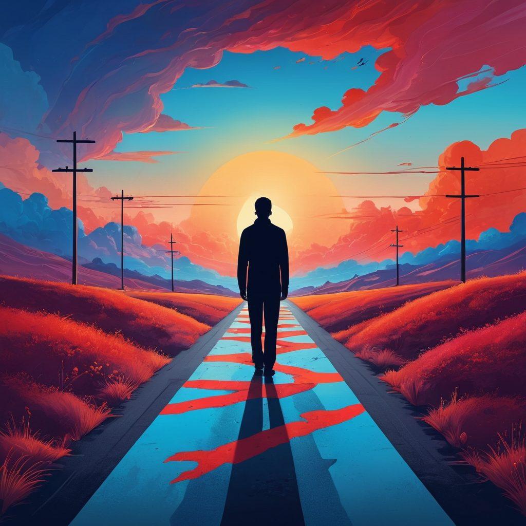 A conceptual illustration depicting a silhouette of a person standing at a crossroad, one path filled with vibrant, passionate colors symbolizing sexual desire, and the other a muted, calm palette representing self-discipline and restraint. The background features abstract shapes blending these two worlds together, with hints of nature and chaos. The sky transitions from fiery reds to serene blues, symbolizing contrast and balance. surrealistic. vibrant colors. 3D.