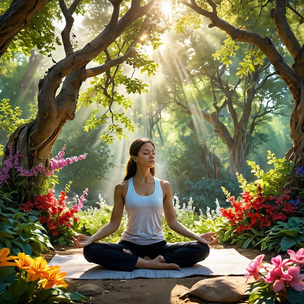A serene setting featuring a person meditating in nature, surrounded by vibrant flowers symbolizing passion, with gentle rays of sunlight filtering through overhead trees. Include elements of a strong bond, like intertwined vines or two figures in a harmonious dance, representing intimacy and connection. The atmosphere should evoke a sense of tranquility and focus. super-realistic. vibrant colors. soft background.